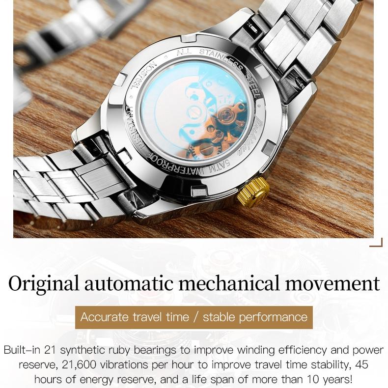 JINSHIDUN Brand Watch Heart Steel Automatic Mechanical Single Calendar Luminous Waterproof Women's Watch Women's Watch
