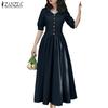 ZANZEA Womens Doll Collar Short Sleeve Casual Long Dress