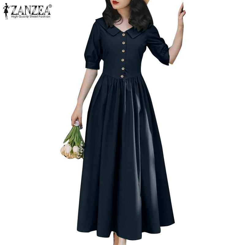ZANZEA Womens Doll Collar Short Sleeve Casual Long Dress