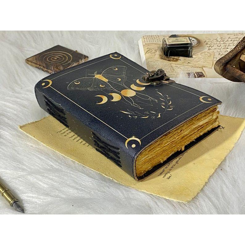 Blank Spell Book of Shadows Handmade Vintage Leather Journal Junk Journal Luma Moth Journal Spell Book Leather Gifts for Men and Women
