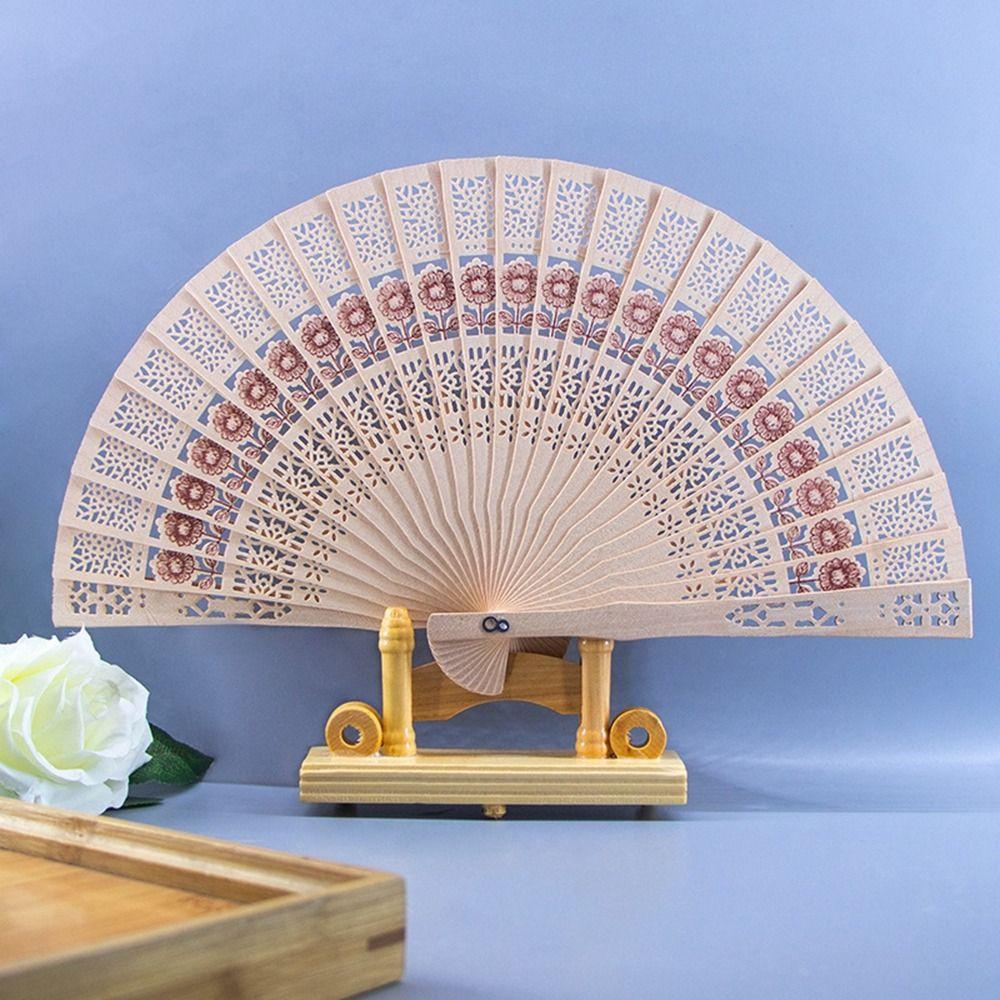 Vintage Bamboo Folding Fan Engraved Hollow Wooden Fan New Hand Held Fan Women