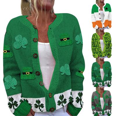 Женская мода ул.. Вязаный кардиган с длинными рукавами и принтом Патрика на пуговицах