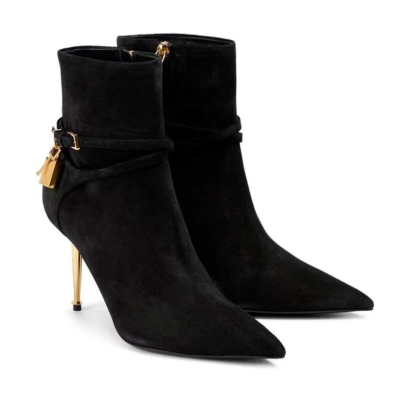 Fashion Women Sexy Metal Lock Decorate Ankle Boots Autumn Winter New Gold High Heel Pointed Belt Buckle Fashion Long Boots Size 34-43