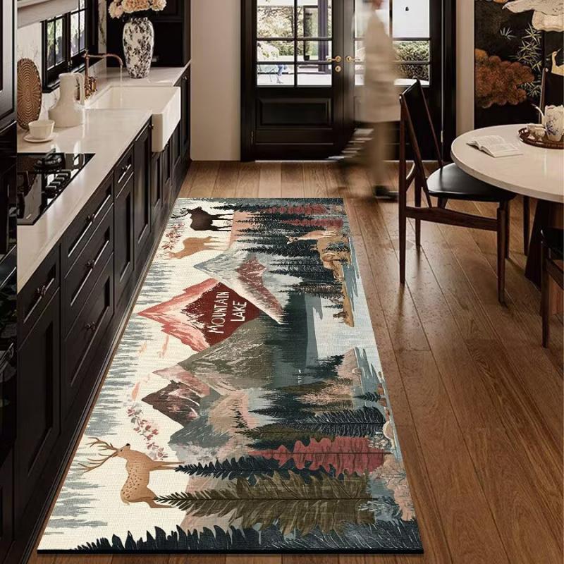 Retro Forest Wildlife Print Long Runner Rug Non Slip Water Resistant Mat Kitchen Hall Bedroom Front Door Home Decor