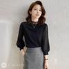 J-Scott Balloon Sleeve Knit Top with Lace Neck, Ribbed Design, Stand-Up Collar, 3/4 Sleeves, Sheer, and Puff Sleeves, Black (JS92-BK-M)