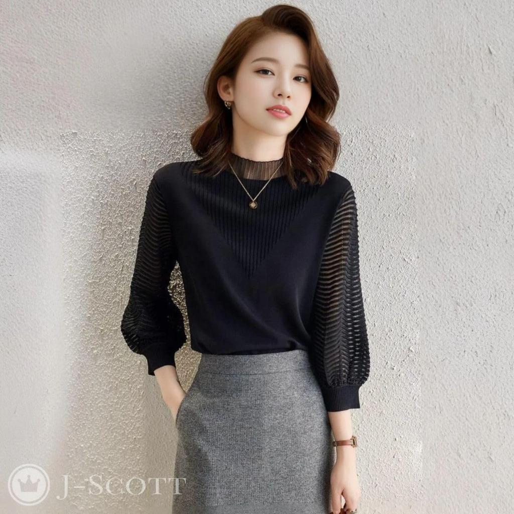J-Scott Balloon Sleeve Knit Top with Lace Neck, Ribbed Design, Stand-Up Collar, 3/4 Sleeves, Sheer, and Puff Sleeves, Black (JS92-BK-M)