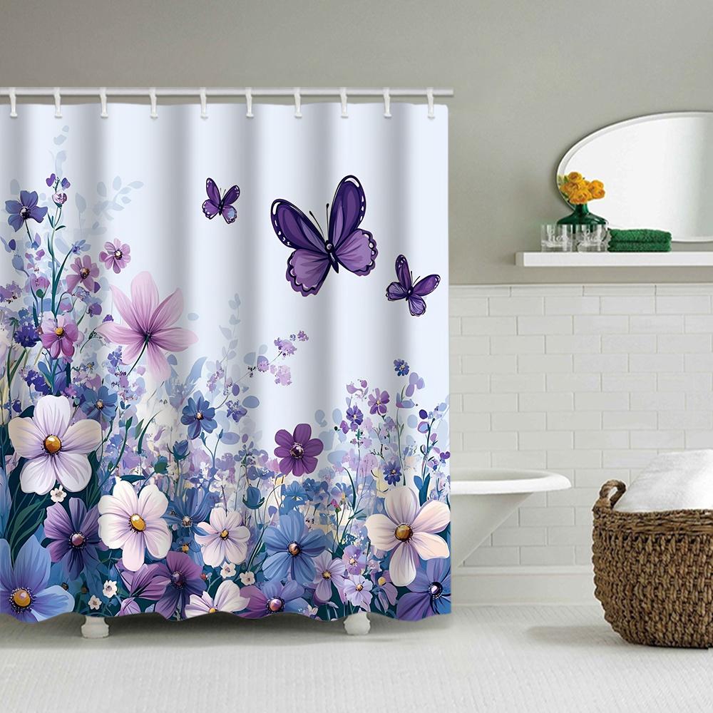 1/4 flowers and plants print shower Curtains, Toilet Seat Decoration, Shower Curtain with Carpet and Toilet Lid, 70.8x70.8 inch