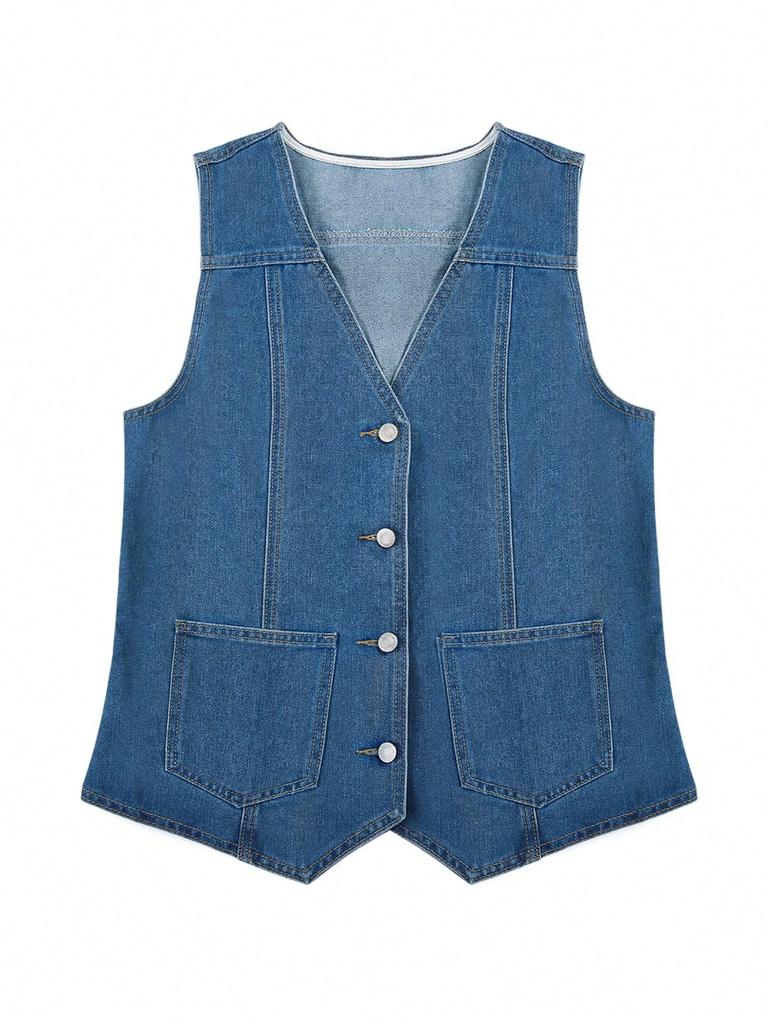Women's Denim Vest Button Down V Neck Sleeveless Casual Jean Jacket