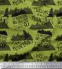 Green Japan Crepe Satin Fabric Mountains & Text Printed Fabric 1 Metre 42 Inch