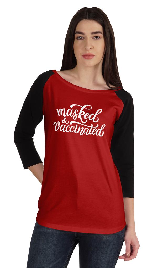 Inkmeso Маскированный и вакцинированный Забавная футболка с вырезом лодочкой в поддержку вакцинации для женщин