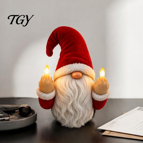 Winter Festive Room Ornament Lighted Gnome Ornament, Christmas Statue with Light Up Middle Fingers, Tabletop Led Resin Faceless Display or Wall