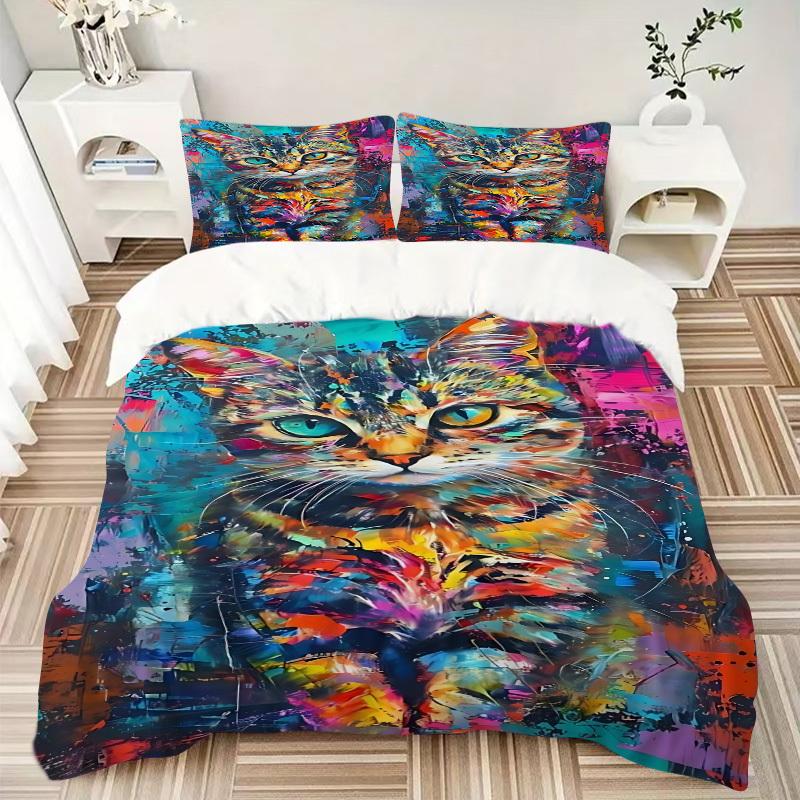 3pcs Colorful Cat Art Print Duvet Cover Set - Includes 1 Duvet Cover and 2 Pillowcases, No Quilt Core, All-Season Home Decor yy251111058