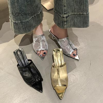 Модные прозрачные мюли из шелковой марли, женские блестящие кружевные сетчатые туфли-лодочки с острым носком и высоким каблуком, сандалии-шлепанцы для вечерней вечеринки