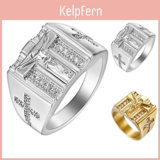 Chic Cubic Jesus Cross Carved Zirconia Inlaid Ring Unisex Wedding Jewelry Gift