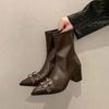 Модные женские короткие сапоги с острым носком, модные ботильоны с пряжкой на ремне, тонкие ботильоны на квадратном каблуке, новинка 2025 года, женская обувь осень-зима
