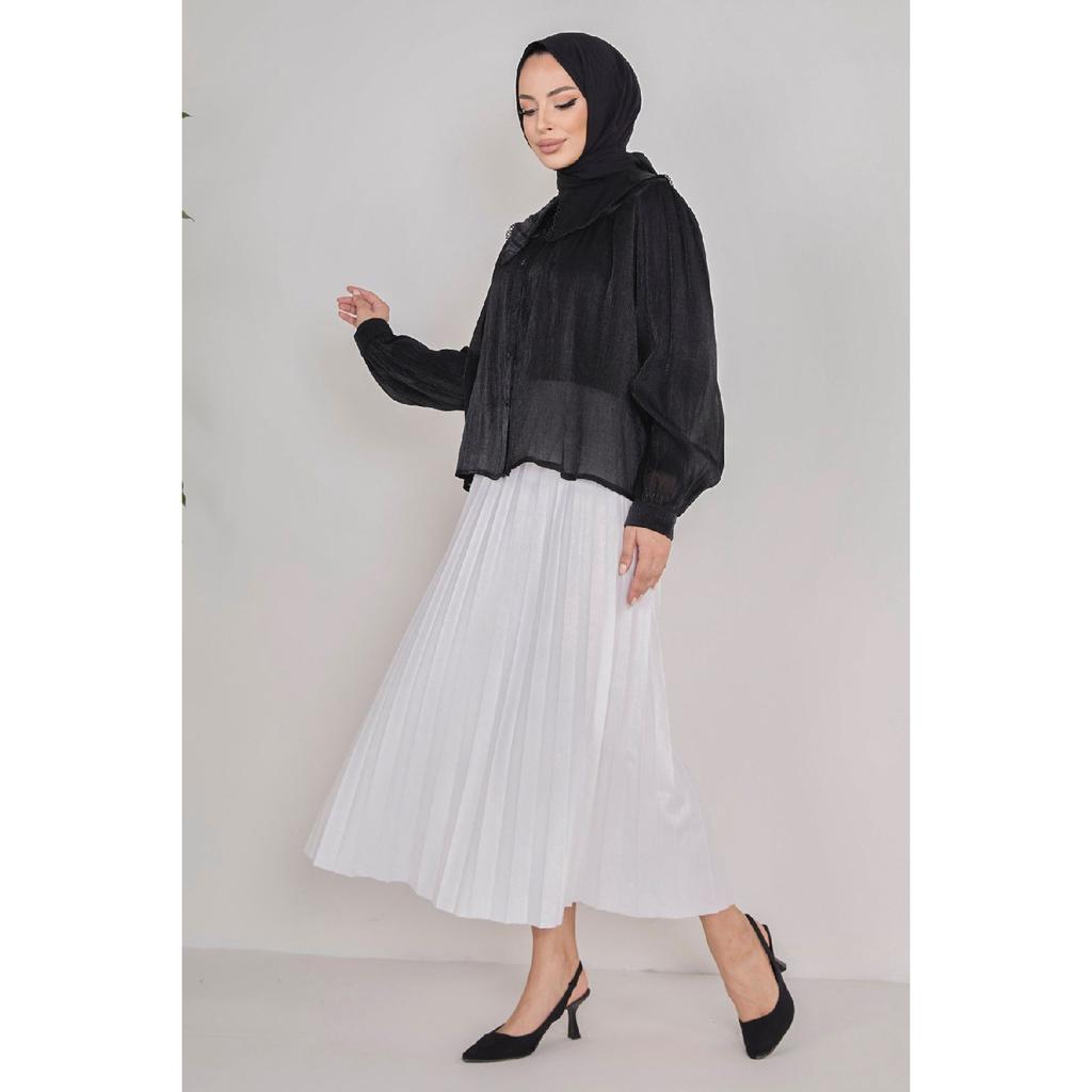 Однотонная женская черная плиссированная юбка среднего размера — 23036