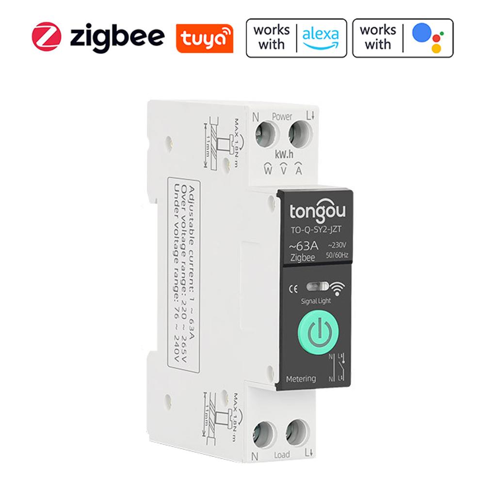 Интеллектуальный автоматический выключатель TONGOU Tuya ZigBee с измерением, 1P, 63A, поддержка DIN-рейки, 3 режима синхронизации