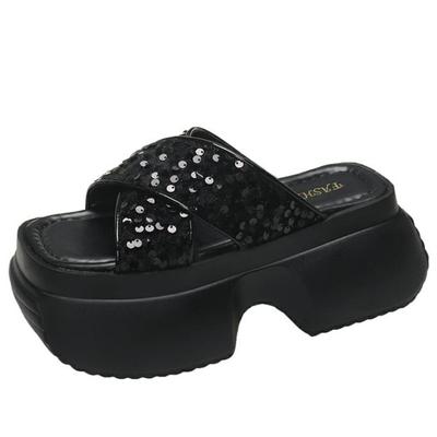 Модные серебристые повседневные тапочки, сандалии-гладиаторы на толстой платформе высотой 8 см, черные летние туфли с пайетками, женские босоножки на каблуках Ete Femme 2024