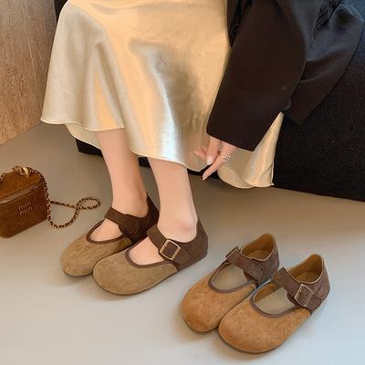 Туфли женские на плоской подошве с ремешком на каблуке весна-осень 2025 года, новые повседневные универсальные туфли с пряжкой на толстой подошве с низким каблуком из легкой замши