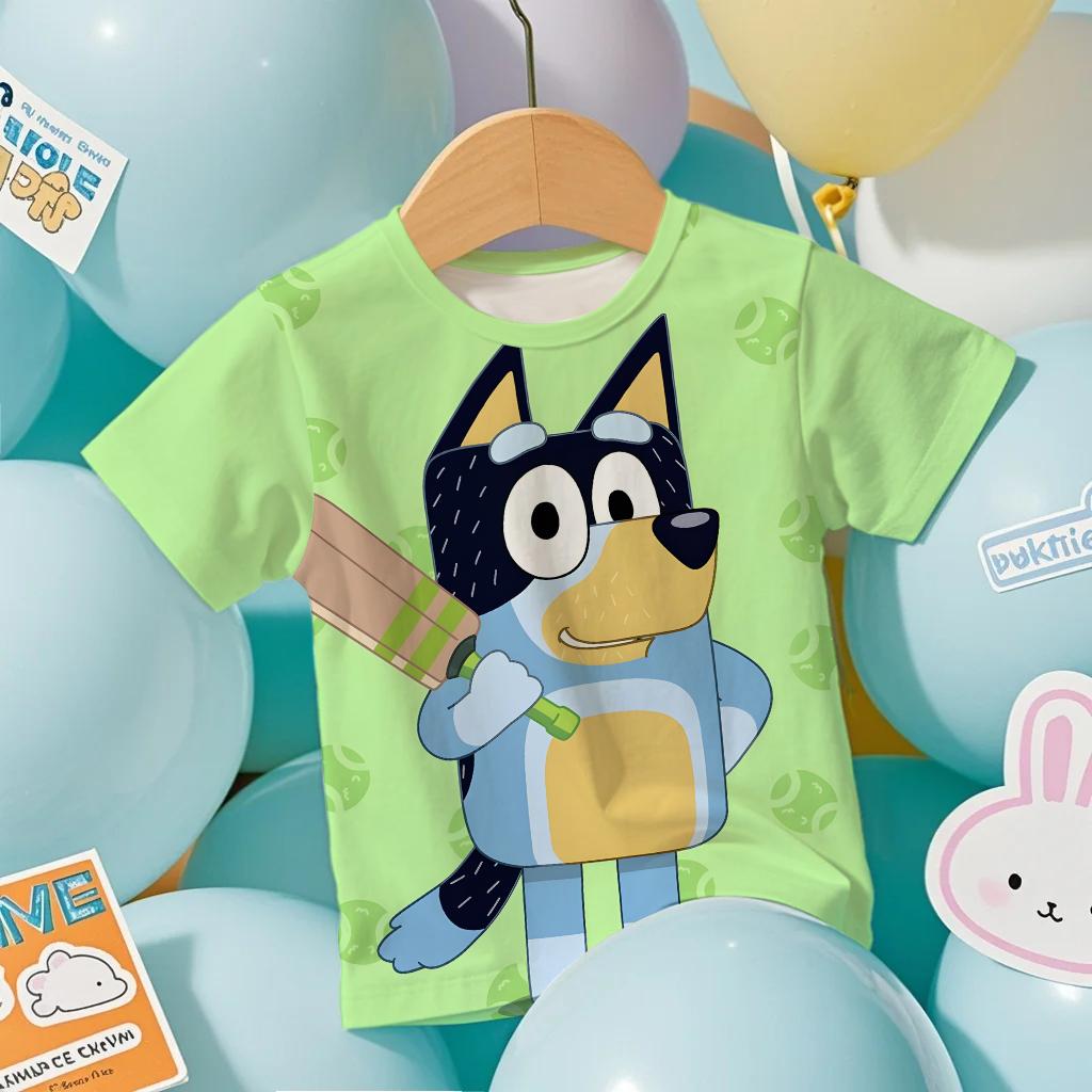 Летняя детская футболка Модная Мультяшная Аниме Bluey Графическая 3D Печать Детская футболка с коротким рукавом Свободная Повседневная Для улицы Мальчики и Девочки Футболки Топы