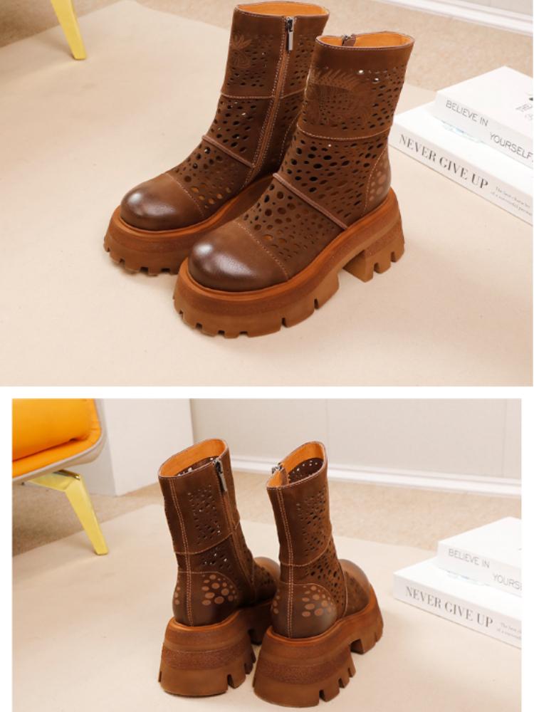 Johnature High End Retro Hollowed Out Short Boots Genuine Leather Versatile Breathable Women's Shoes