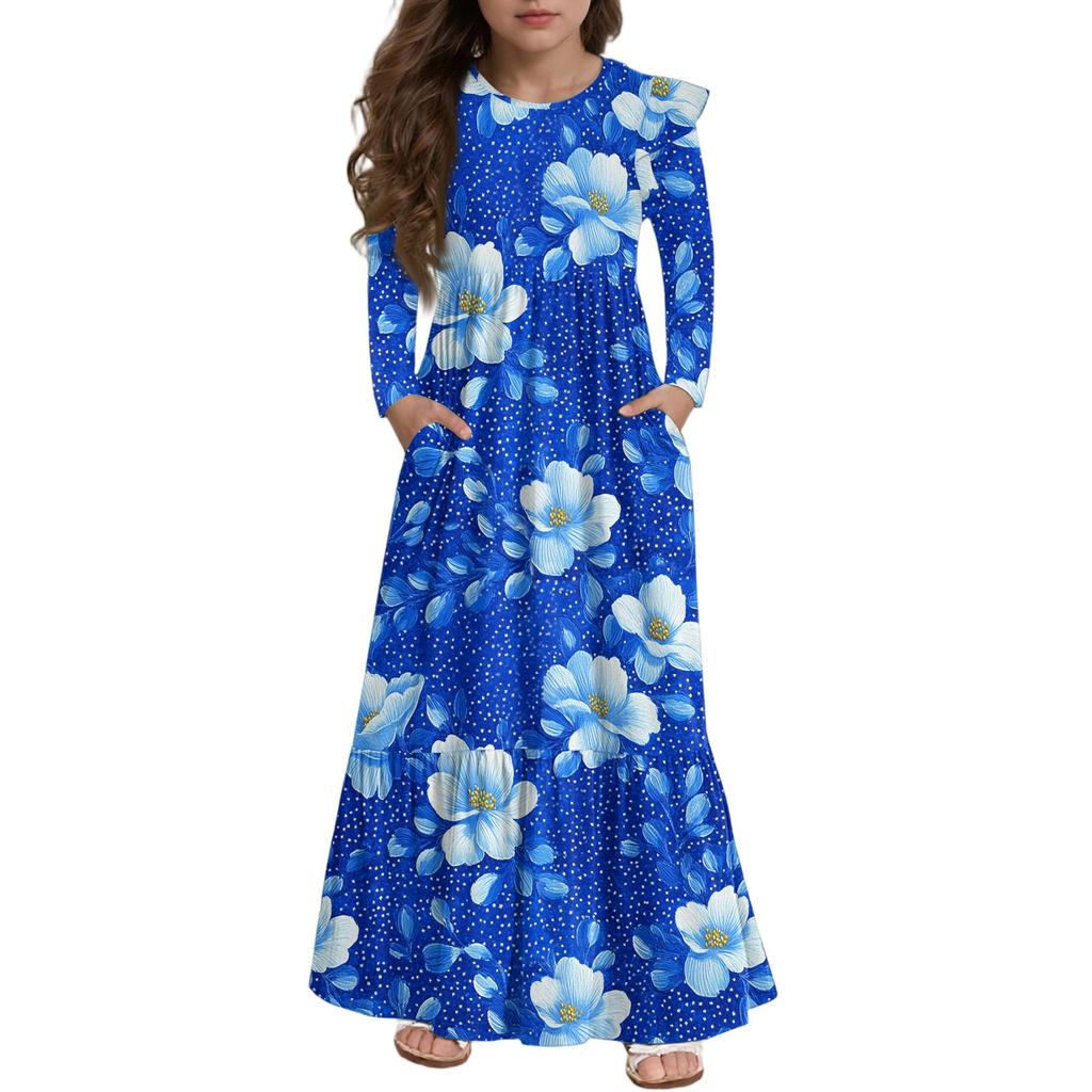 Girls' Tiered Ruffle Dress - Long Sleeve Printed Maxi With Pockets