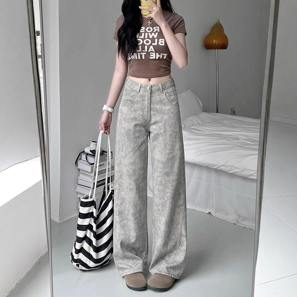 Летние джинсы широкого кроя женские тонкие с принтом тай-дай нишевого дизайна свободные прямые брюки ретро уличный стиль мешковатые длинные джинсы для леди
