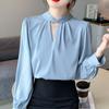 Fashion 2025 Spring Blouses Shirts Long Sleeve O-Neck Office Lady Black Blue Chiffon Blouse Shirt Women Tops J757