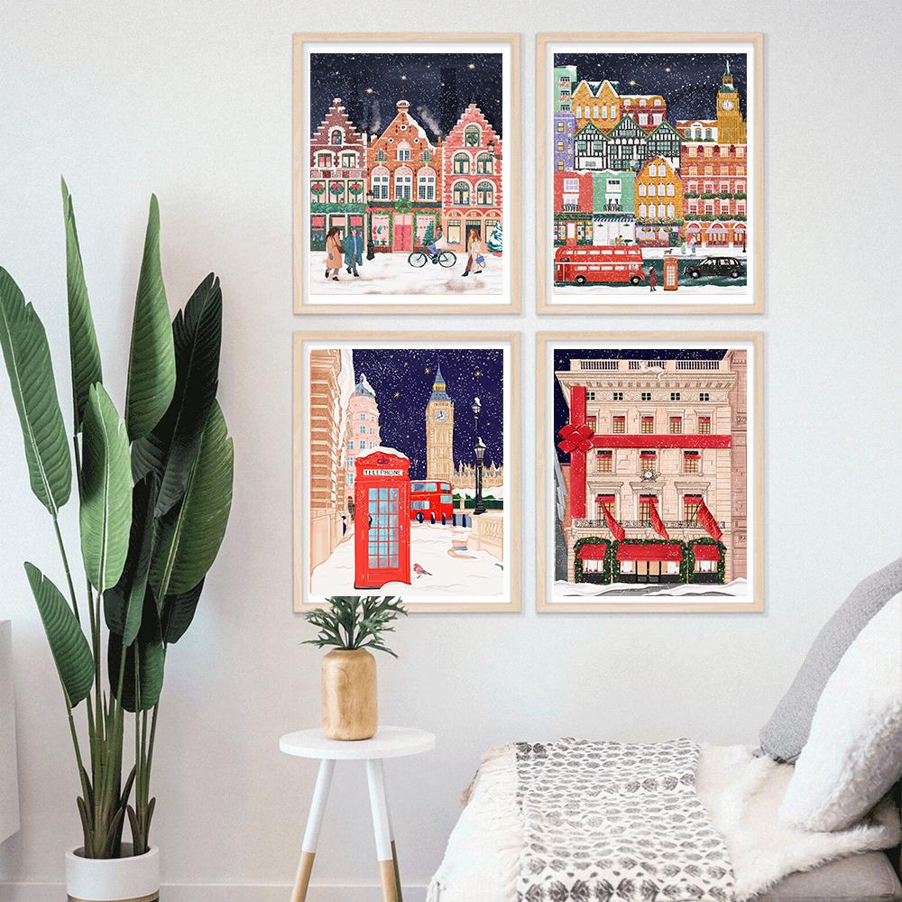 Рождественский подарок, путешествие, Лондон, Париж, Прага, настенная живопись на холсте, праздничные постеры для коттеджа и принты для гостиной, домашний декор