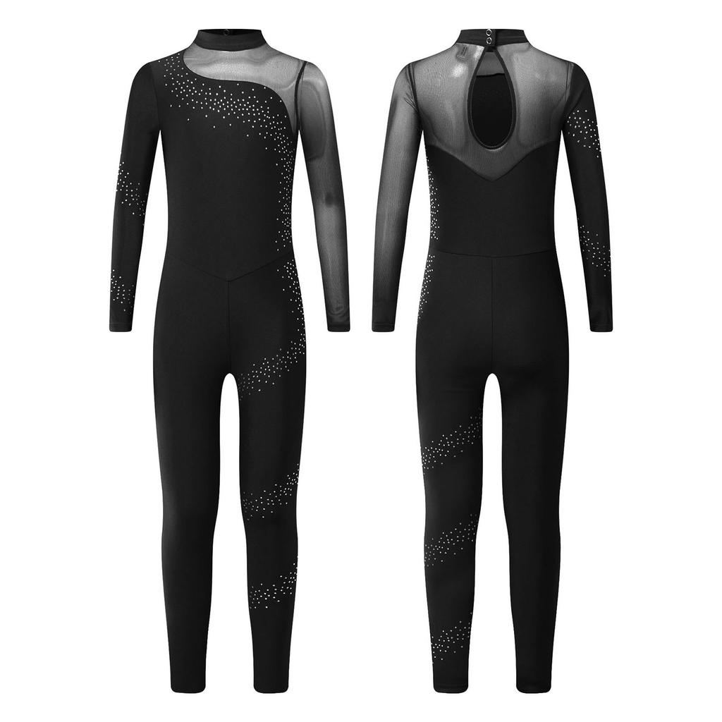 Комбинезон для танцев для девочек, блестящие стразы, прозрачная сетка пэчворк, спинка с вырезом-капелькой, длинный рукав, гимнастический костюм