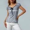 Женские топы, клетчатая кружевная отделка, U-образный вырез, короткий рукав, футболка, облегающая блузка на лето, S/M/L