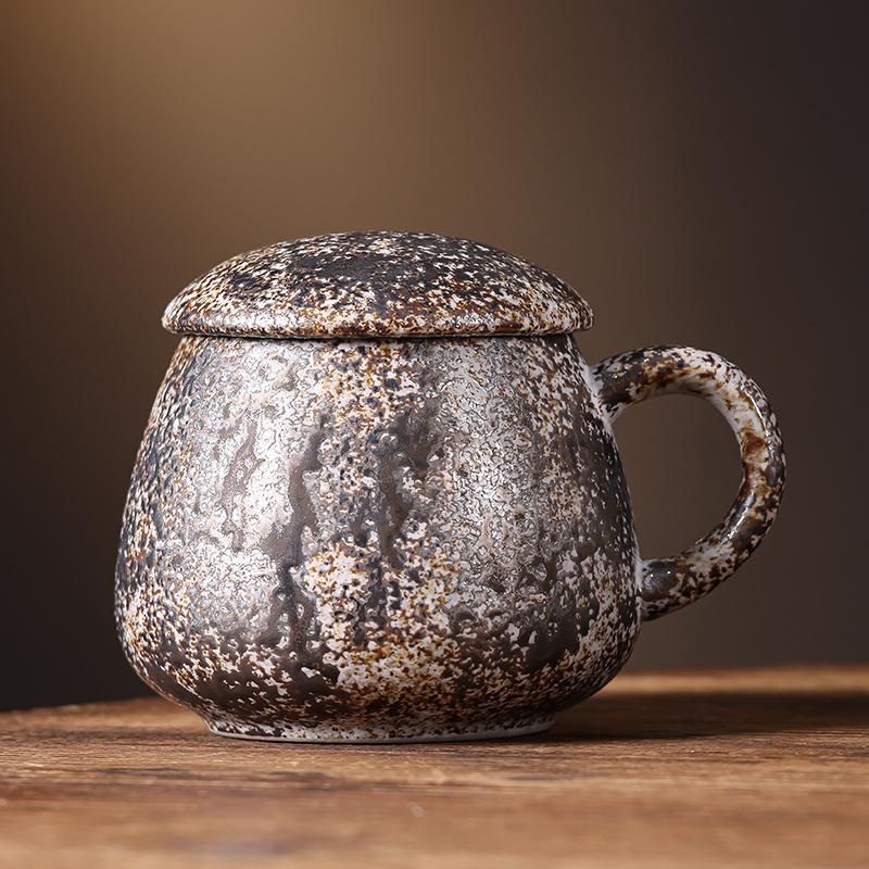 Coarse pottery mug with lid Large capacity 1000ml household water cup Ceramic office belly cup Coffee cup