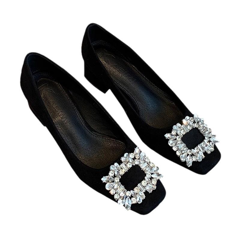 Single Shoes Women's Spring 2024 New Xiaoxiangfeng Square Head Suede Rhinestone Square Buckle Light Mouth Thick Heel Low Heel Women's Shoes