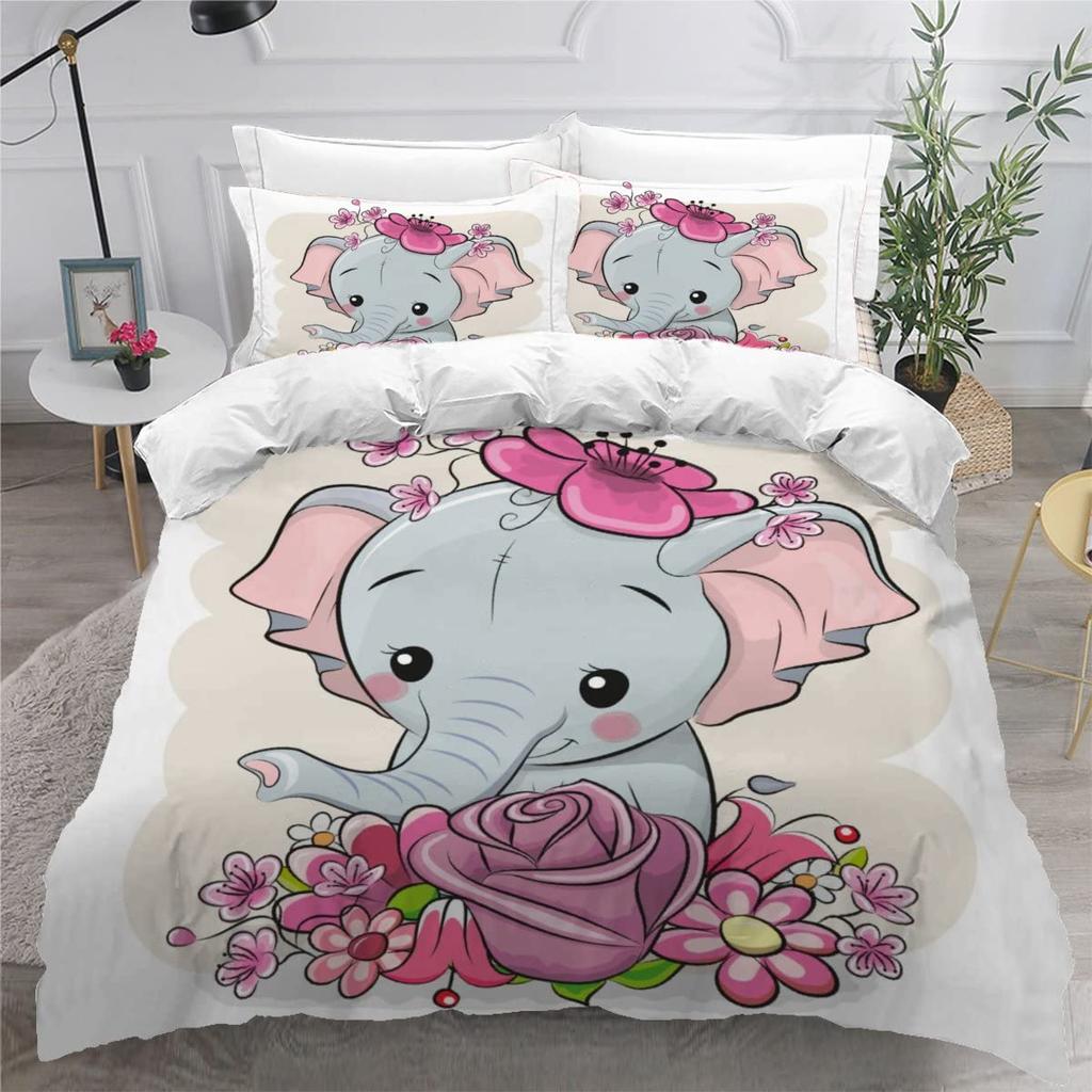 Kawaii Elephant Duvet Cover Set Cute Animals Quilt Cover Twin Queen Soft Microfiber Cartoon Bedding Set For Boys Girls Room Dorm