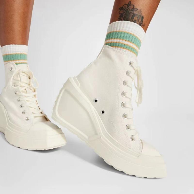 Модная женская дизайнерская обувь 2024 года, новые женские кроссовки на танкетке и толстой подошве, большие размеры, модные высокие парусиновые туфли на шнуровке