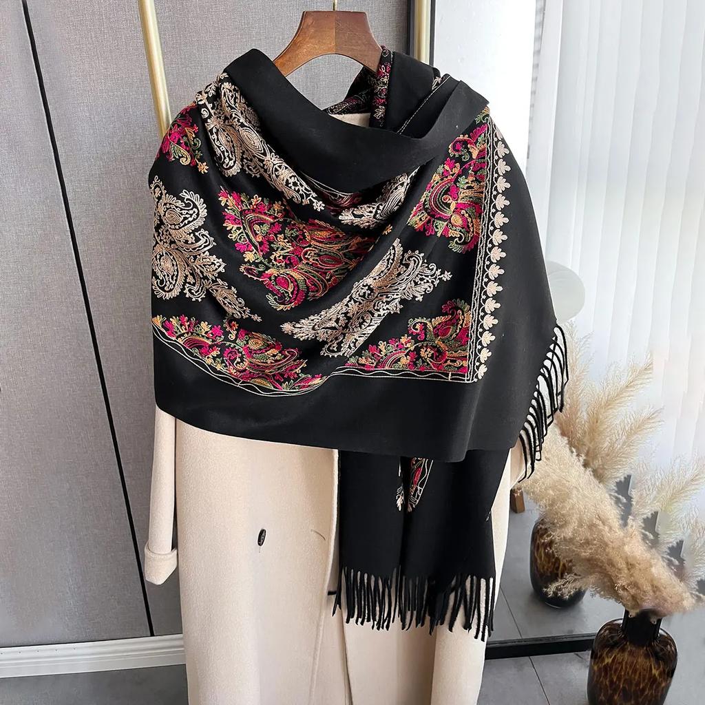 Winter Warm Cashmere Scarf for Women Embroidery Pashmina Blanket Thick Shawl Wrap Neckerchief Fashion Bufanda Echarpe Poncho