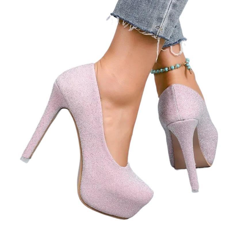 Туфли-лодочки с круглым носком, однотонные, на очень высоком каблуке, 2024 г., высококачественная женская обувь, туфли-лодочки на платформе, весна/осень