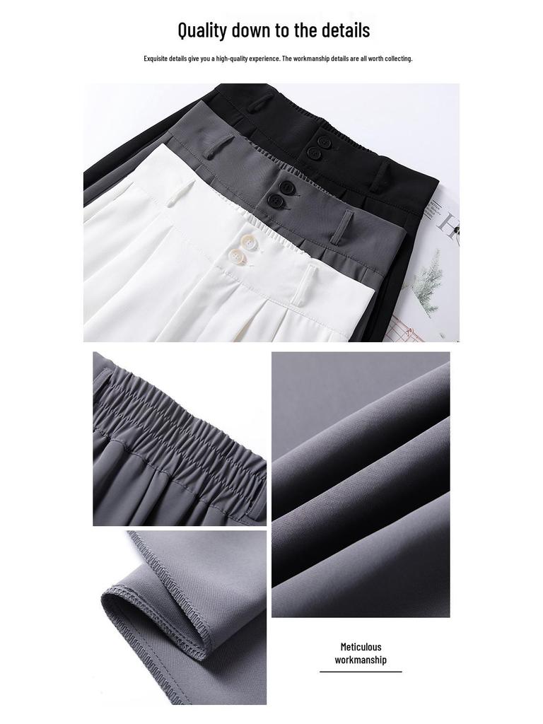 Women's Black Wide-Leg Pants In Draping Ice Silk: High Waist, Double Button, Slimming Design, Straight Leg, Perfect for Summer.
