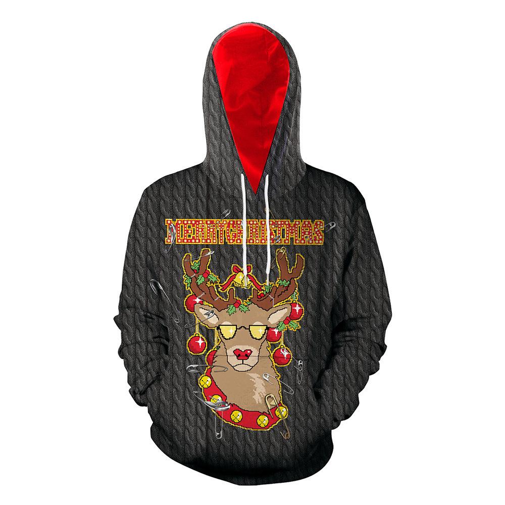 Digital Printing New Christmas Sweater Reindeer 3D Printing Hooded Loose Pullover Couple Sweater