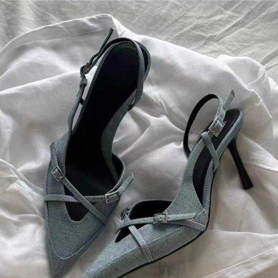 2025 Новые женские джинсовые босоножки на каблуке с острым носком, туфли для офисной леди, красивые женские туфли на высоком каблуке, обувь, сандалии женские