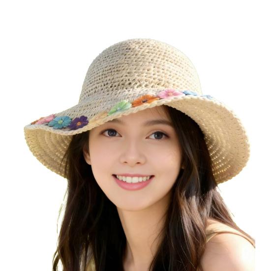 Beach Hat Hollow Design Large Eaves UV Blocking Colorful Flower Decoration Sun Protection