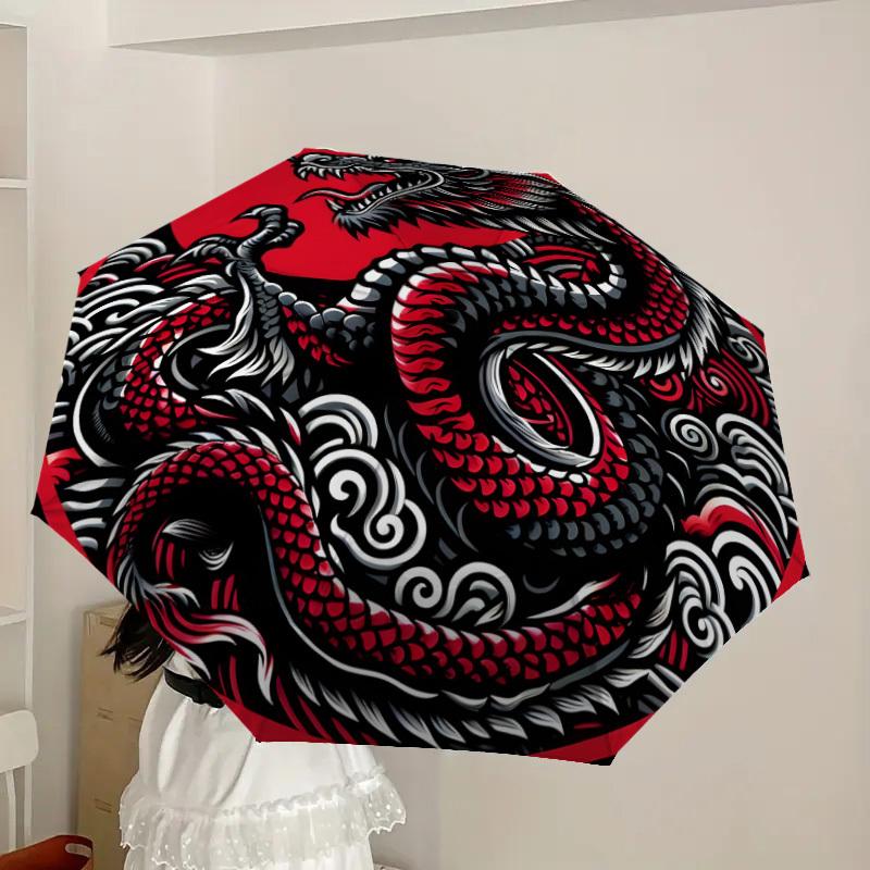 1pc Red Dragon Circular Illustration Umbrella with Plastic Handle,Suitable for All Seasons Home Travel Outdoor UmbrellaDD1342