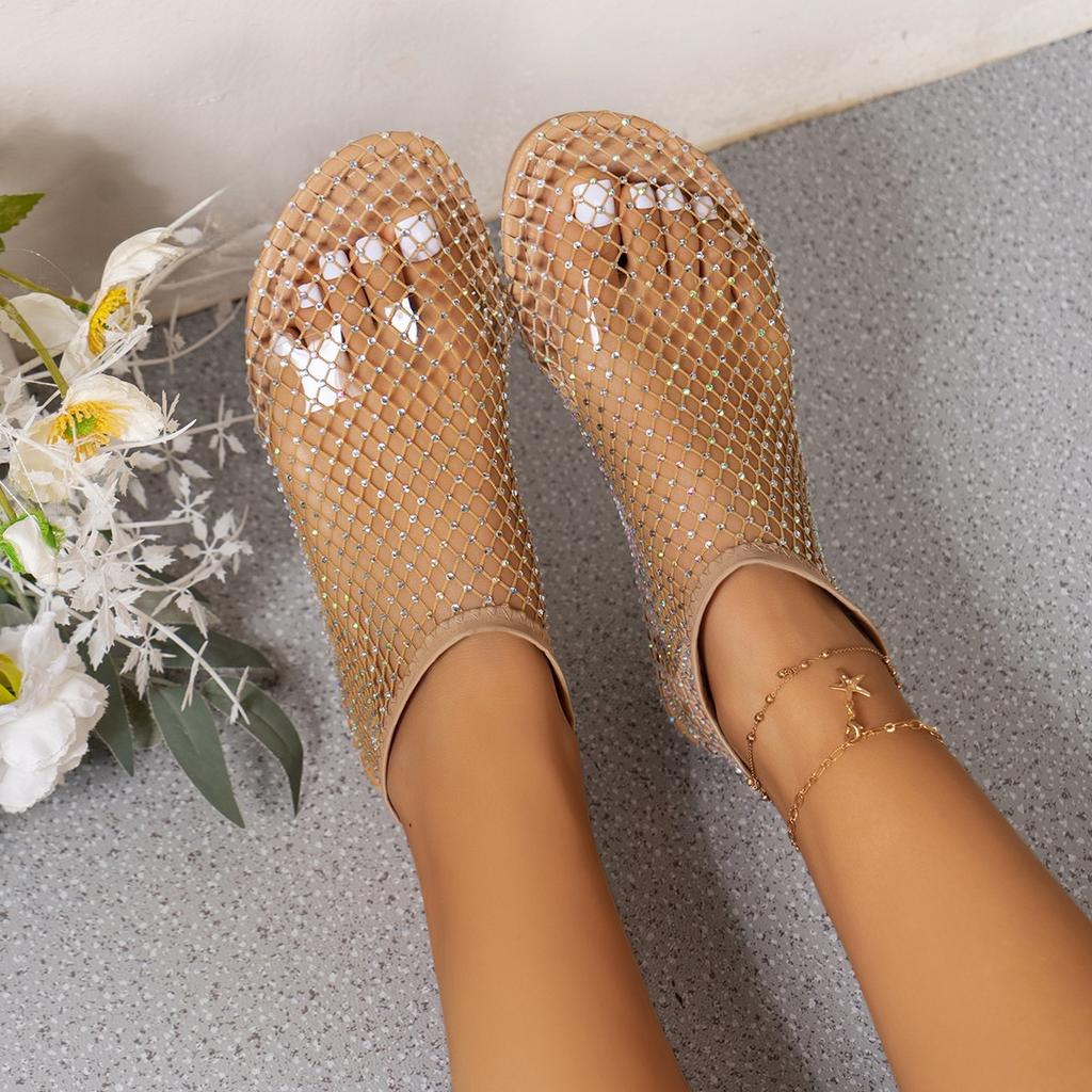 Women's Summer Ankle Boots Rhinestone Cutout Breathable Booties Low Heel Round Toe