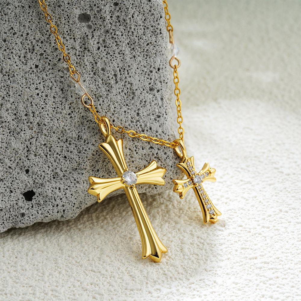 Stainless Steel Diamond-encrusted Cross Necklace Hip-hop Zircon Pendant Trendy Rice Bead Chain