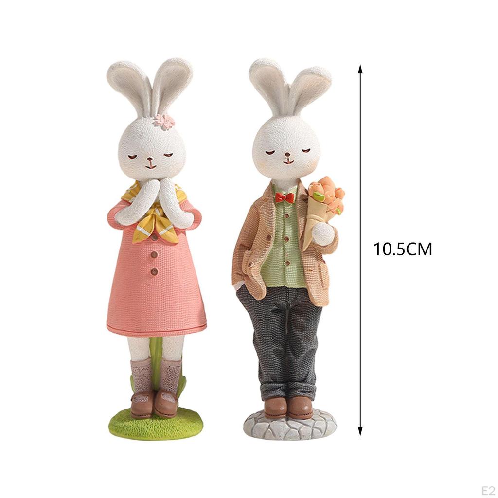 2 Pieces Easter Couple Bunny Figurines Ornament Decor Resin Rabbit Statue