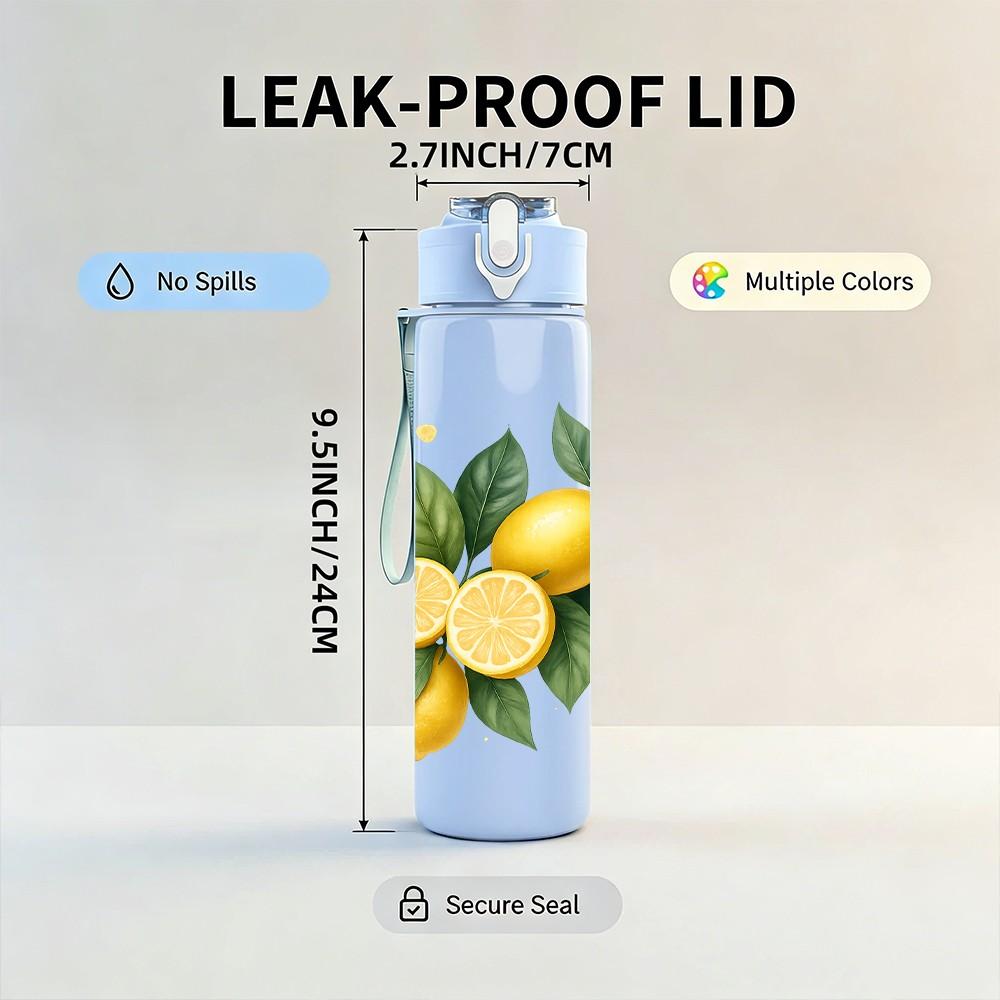 1PC Branch Full Yellow Lemon Fruit Print 750ml Color Plastic Sports Water Bottle Leakproof Flip Straw Lid Suitable for Sports Office Home Use