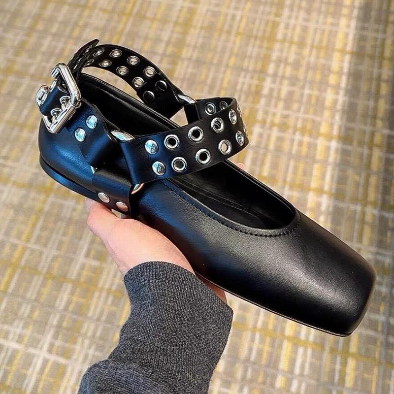 Мода Мода Квадратный носок Клепка Металлическая пряжка Женские балетки Удобная Мягкая кожа Мэри Джейн Лодочки Лоферы Повседневная ленивая обувь