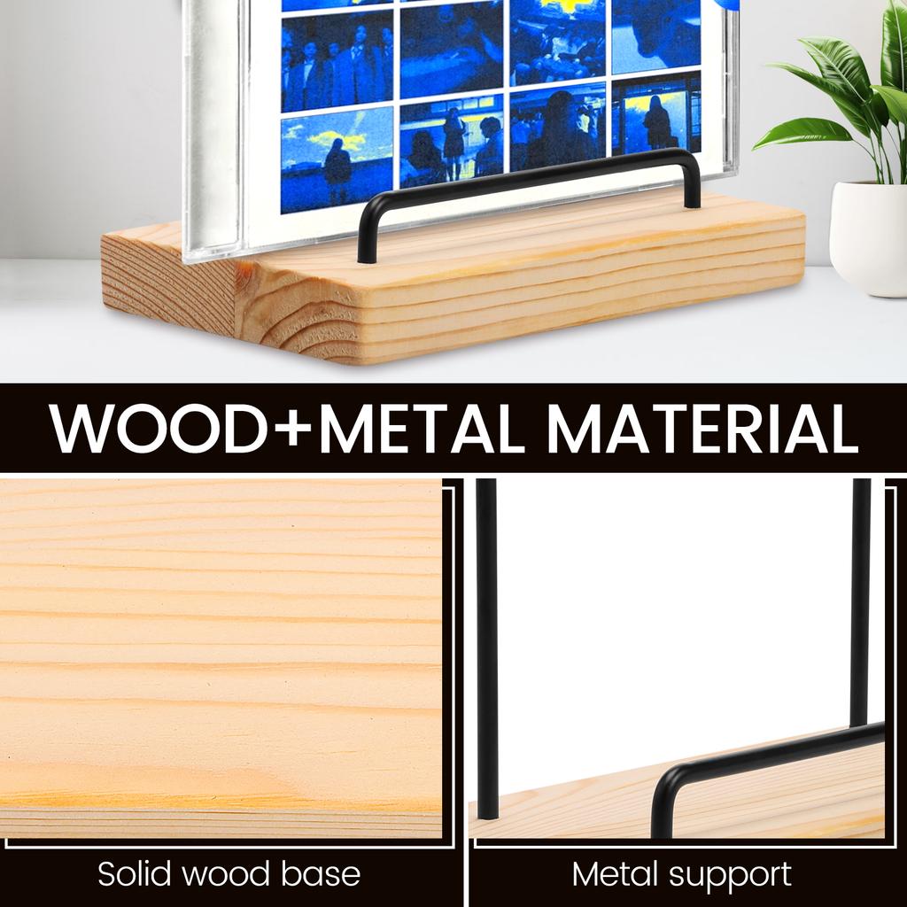 2Pcs Wood Base Vinyl Record Display Stand With Metal Back Support Stable Vinyl Record Holder Easy To Assemble for Household