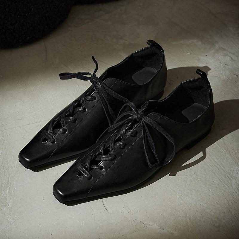Мода 2025 Горячая Распродажа Модные Туфли-лодочки из Натуральной Кожи на Низком Каблуке на Шнуровке Женские Повседневные Балетки для Ежедневной Ходьбы Молодежные Повседневные Весенне-Осенние Черные Туфли