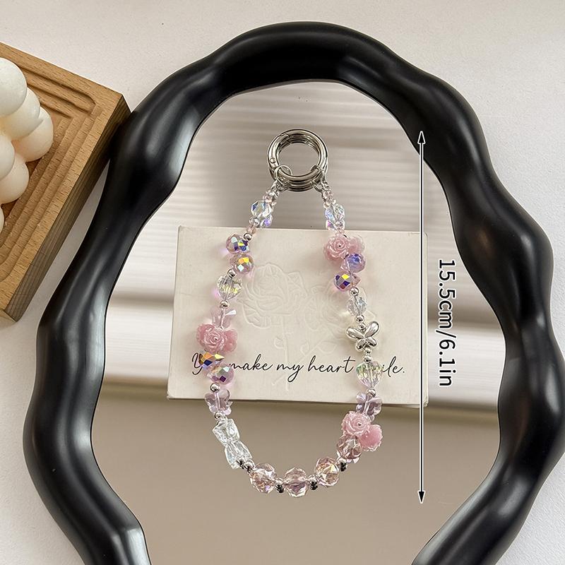 Luminous Rose Phone Chain Alloy Butterfly Crystal Keychain Girl Anti-Lost Wrist Strap Bracelet Earphone Case Charm Bag Decor